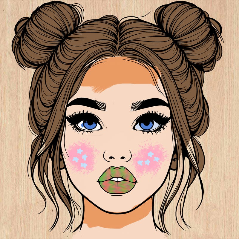 realistic girl with two buns on her hair and lips