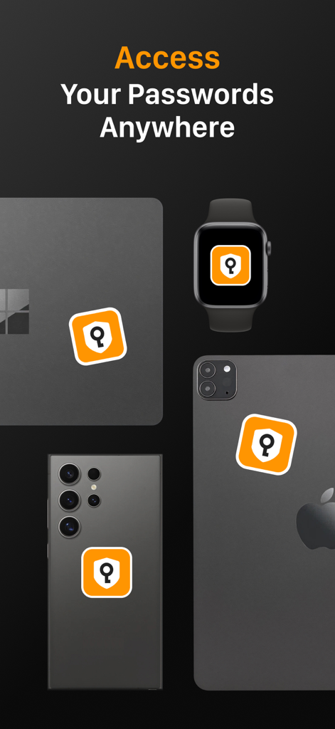 ラップトップ、スマートウォッチ、スマートフォンの複数のデバイスに表示されるSafeInCloudアプリのアイコン。クロスプラットフォームアクセスを実証