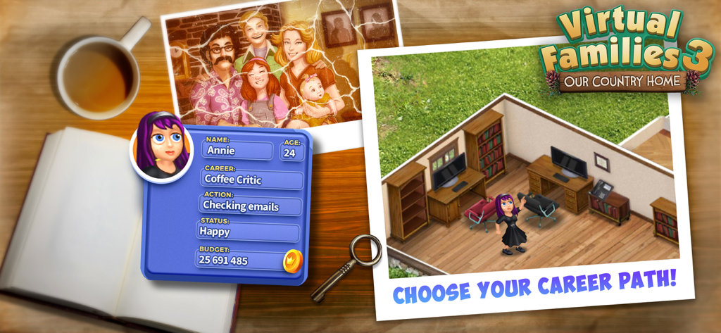 Ein Charakter namens Annie in einer Büroumgebung aus Virtual Families 3, wobei ihr Karriereprofil angezeigt wird.