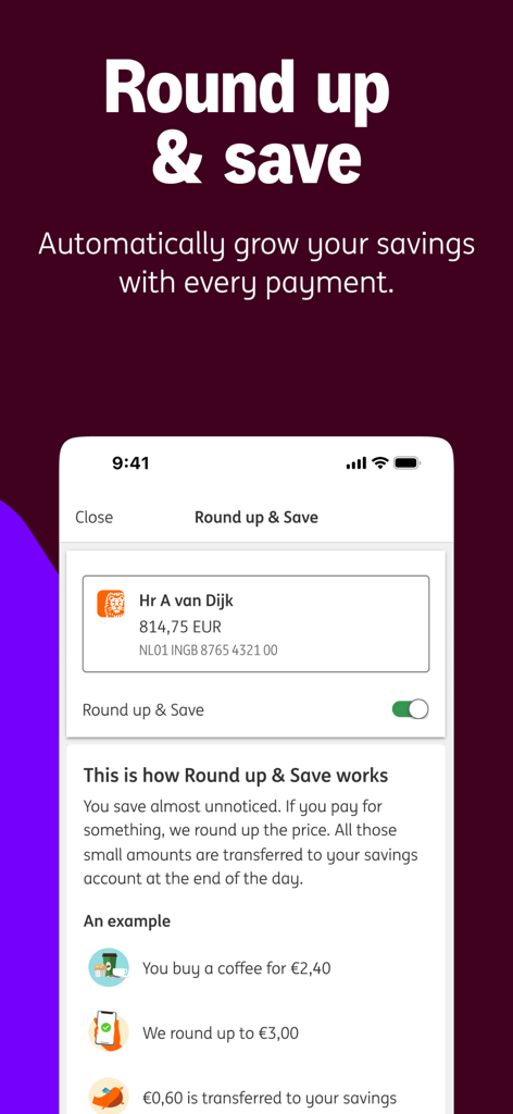 Pantalla de la aplicación móvil ING Países Bajos que muestra la función 'redondeo y ahorro' para aumentar automáticamente los ahorros con cada pago