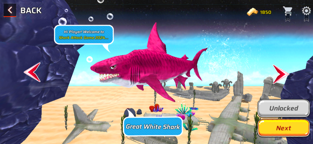 Deep Blue Fish Survival 2025 - Pink Great White Shark character selection screen in the Deep Blue Fish Survival 2025 game.