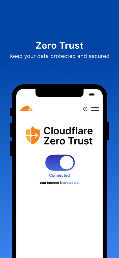 Cloudflare One Agent app interface showing Zero Trust connection status.