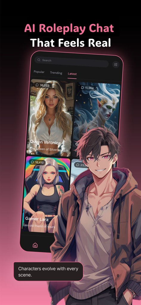 Spark – AI Roleplay Chat - A mobile interface for Spark AI Roleplay Chat showing diverse AI characters for selection and a male anime character in the foreground.