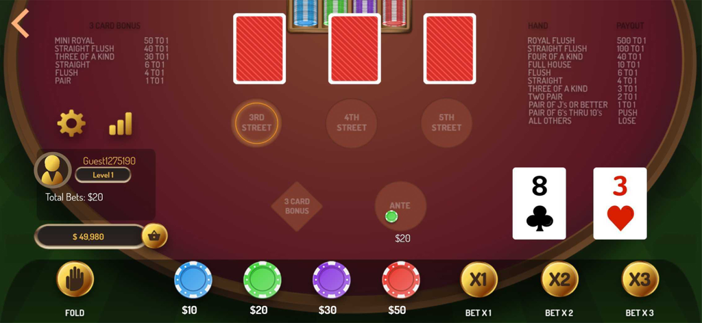 베팅 테이블과 카드가 보이는 미시시피 스터드 포커 게임 플레이 화면