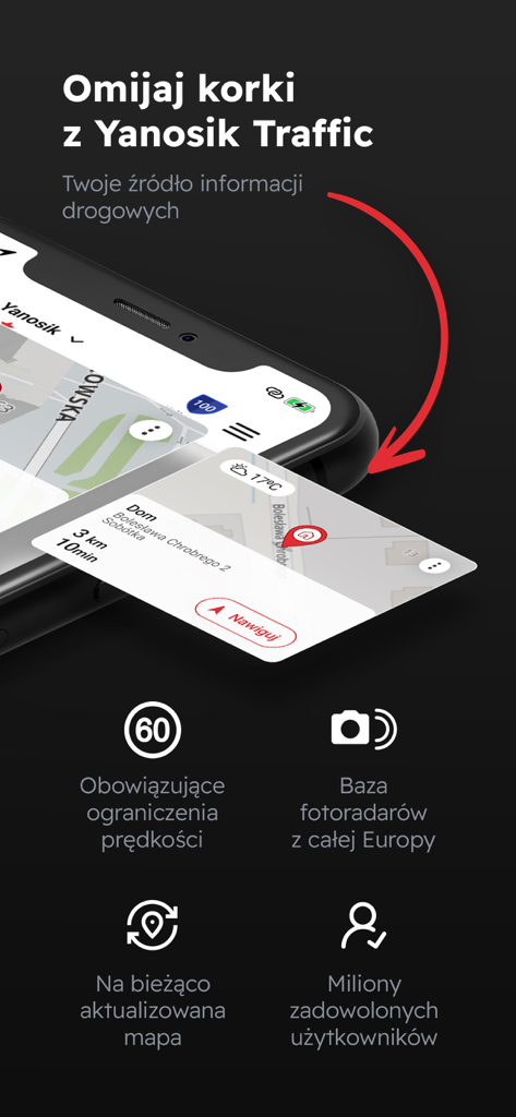 Yanosik app showing navigation map with traffic info and speed limit alerts.