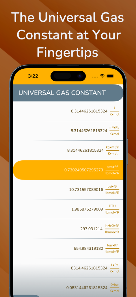 Gas Laws by CA - Una lista de valores de la constante universal de los gases en diferentes unidades científicas dentro de la aplicación Leyes de los Gases de CA