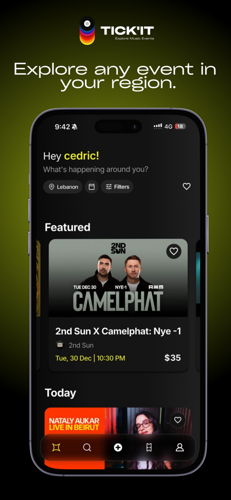 Tick'it - Explore Music Events - Tickit app home screen showing featured music events and nightlife discovery in Lebanon