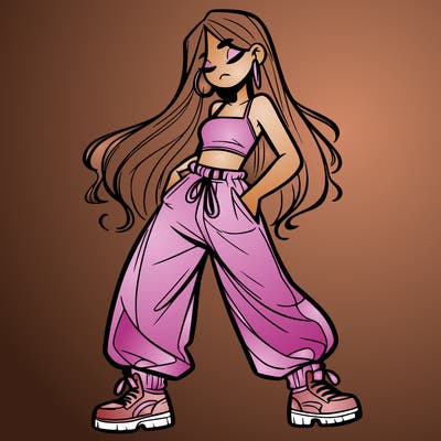 girl in baggy pants crop top and long hair