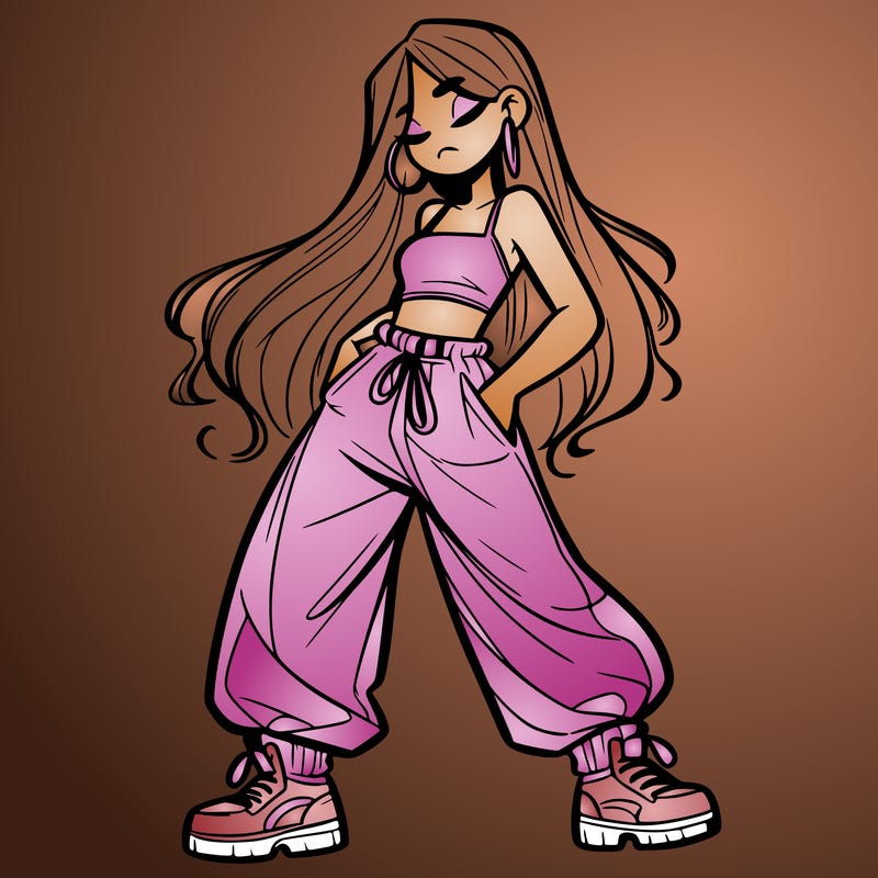 girl in baggy pants crop top and long hair