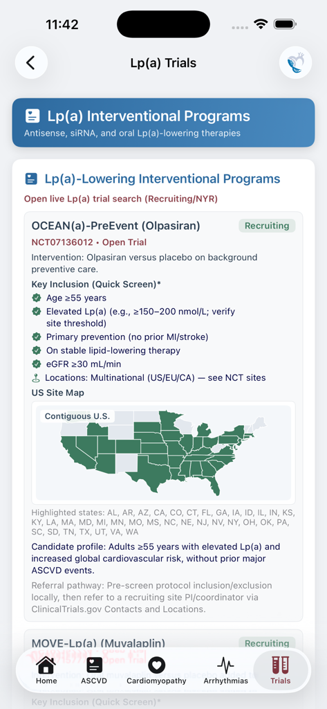 CardioGenetics - Interface of the CardioGenetics app showing clinical trial details for Lp(a) with a US recruitment site map