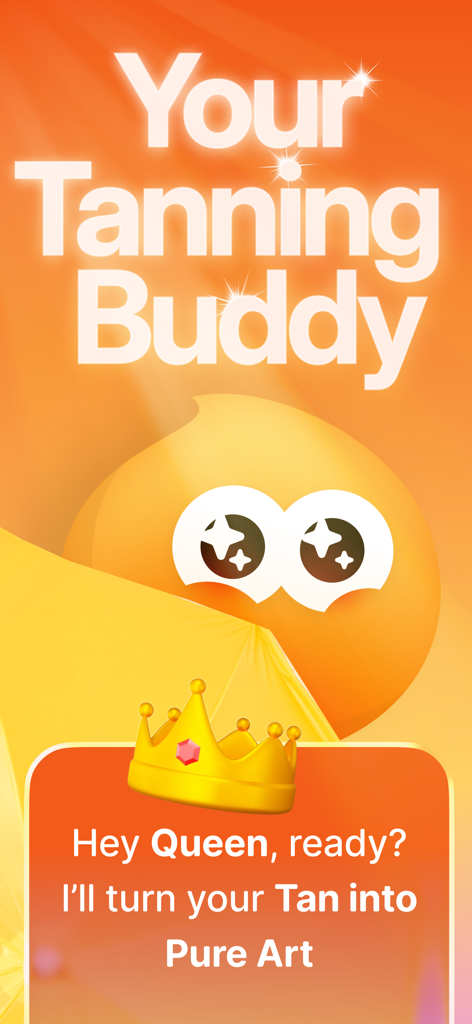 Pantalla de bienvenida de la aplicación Tan AI con una linda mascota con una corona y el texto Tu Compañero de Bronceado.
