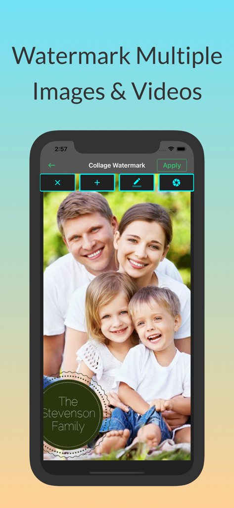 Smartphone screen showing the collage watermark feature with a custom family name stamp on a photo