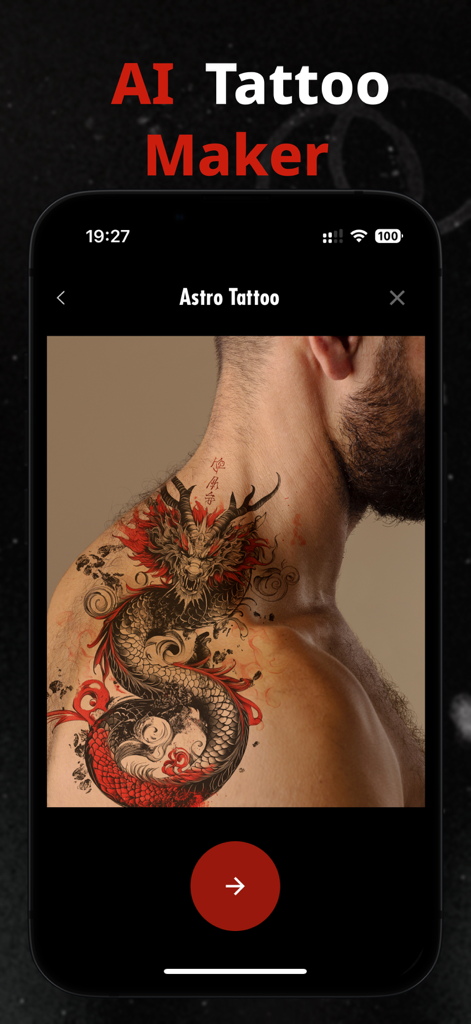 Tattoo AI - AI Tattoo Design - 男性の首と肩に施されたAI生成の赤と黒のドラゴンのタトゥーデザインを示す電話画面