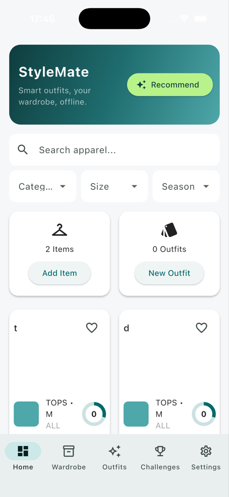 Home dashboard of the SmartCart wardrobe management app showing apparel search filters and outfit creation options