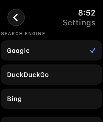 Apple Watch screen showing search engine settings in the Watch Browser app with options for Google, DuckDuckGo, and Bing.