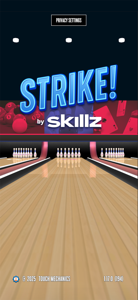 Strike! By Skillz Pro Bowling - Pantalla de inicio de Strike! By Skillz Pro Bowling que muestra una pista de bolos 3D y el logo del juego.