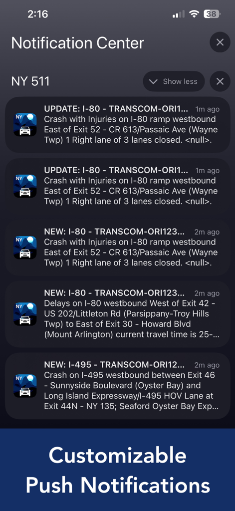 A smartphone screen showing real-time NY 511 traffic alerts and road incident push notifications.