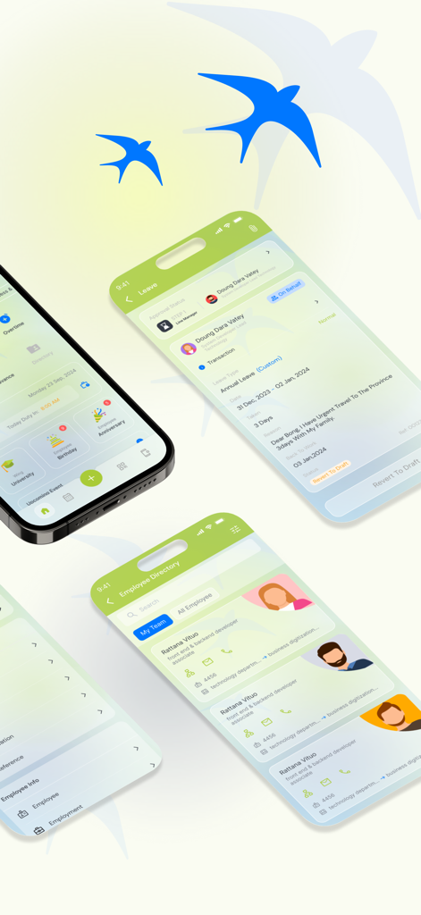 Wing Digital - Wing Digital mobile app interface showing employee directory and leave approval workflows