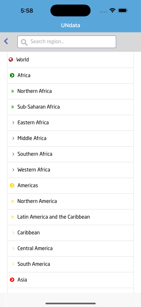 Interfaz de la aplicación móvil UNdata que muestra una lista de regiones y subregiones globales para la selección de datos estadísticos