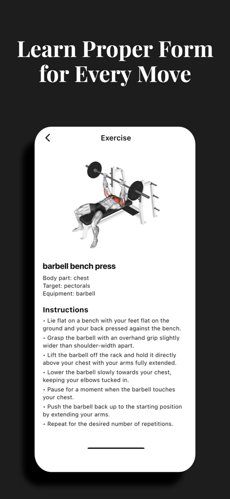 Madmuscles Fitness Gym Workout - Madmuscles app screen showing instructions and illustration for a barbell bench press.