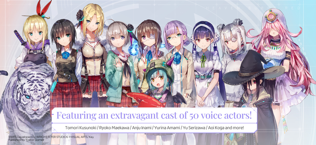 Um grupo de personagens femininas de anime e um tigre branco do jogo Heaven Burns Red com créditos de dublagem.