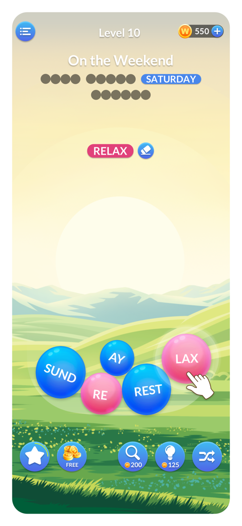 Word Serenity: Fun Brain Game - Un niveau de puzzle de mots dans Word Serenity avec des bulles de lettres sur un paysage de montagne serein.