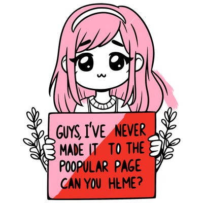 a girl holding up a sign that says, guys, i’ve never made it to the popular page, can you help me?