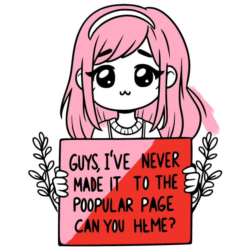 a girl holding up a sign that says, guys, i’ve never made it to the popular page, can you help me?