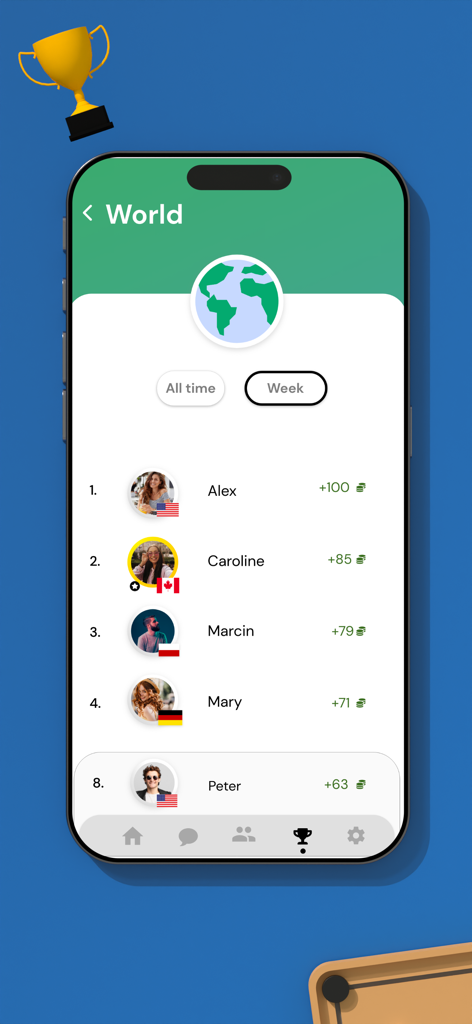 Mills | Nine Men's Morris - Weekly world leaderboard showing player rankings with names, flags, and scores in the Mills app.