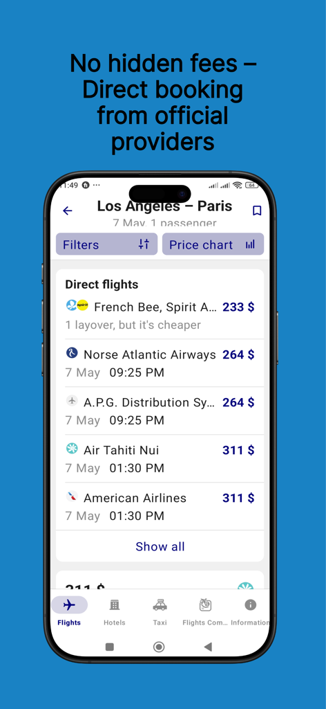 Flights & Cheap Tickets - Mobile app screen showing cheap flight search results from Los Angeles to Paris with various airline prices