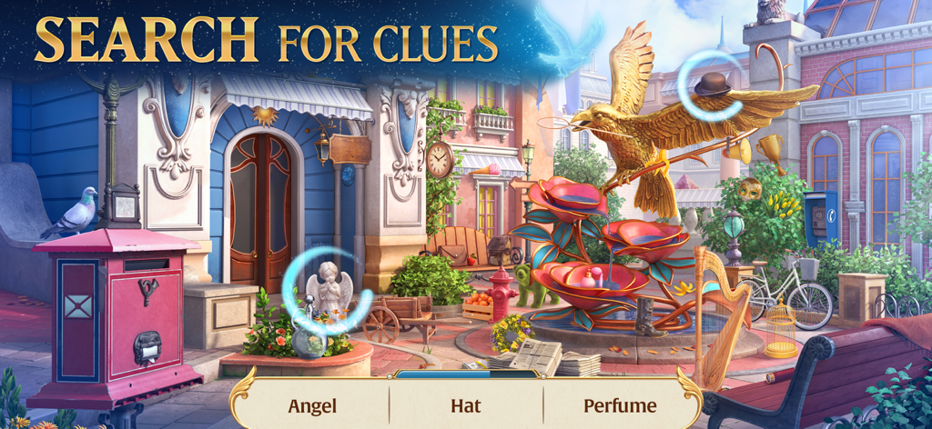 Gameplay screenshot of Ravenhill showing a hidden object search in a detailed town square with a golden bird fountain