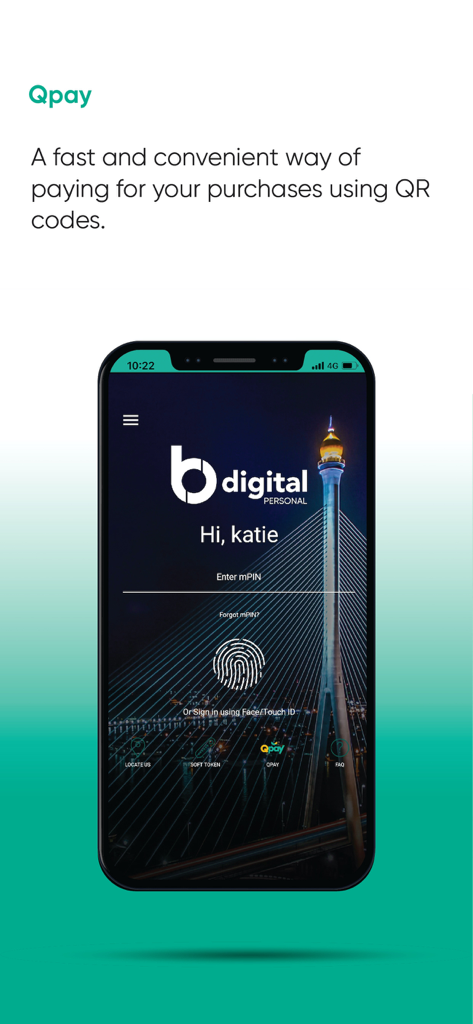 Baiduri b.Digital Personal - Baiduri b.Digital Personal app showing Qpay QR payment feature and biometric login screen