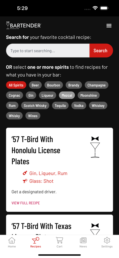 Interface of the BARTENDER app recipe search screen with spirit filters and cocktail results
