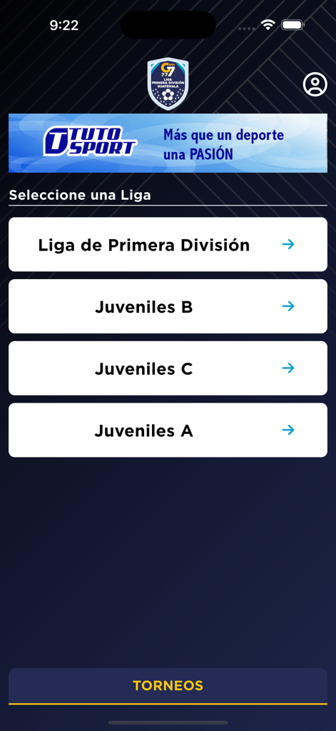 Primera División Guatemala - Pantalla del menú de la aplicación Primera División Guatemala mostrando diferentes categorías de la liga.