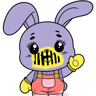 bunny smiling with overalls and gloves and long ears with no inside