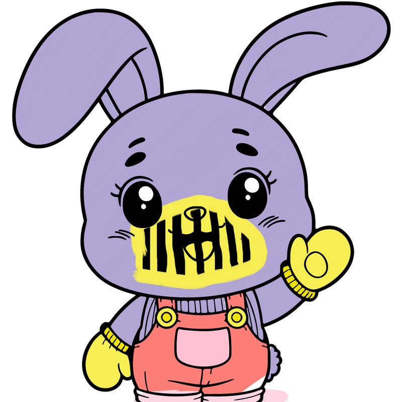 bunny smiling with overalls and gloves and long ears with no inside