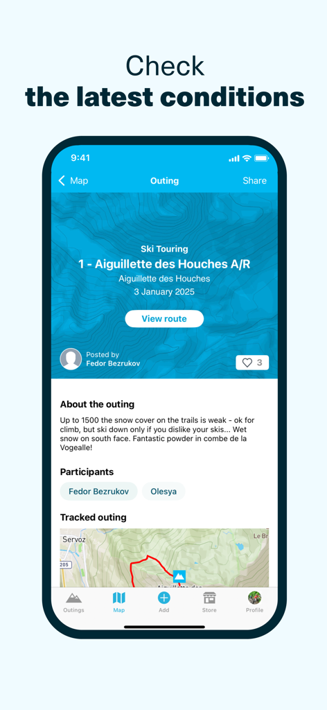 Whympr | Ski, Hike, Climb - Whympr app interface displaying a community ski touring report with snow conditions and a GPS track
