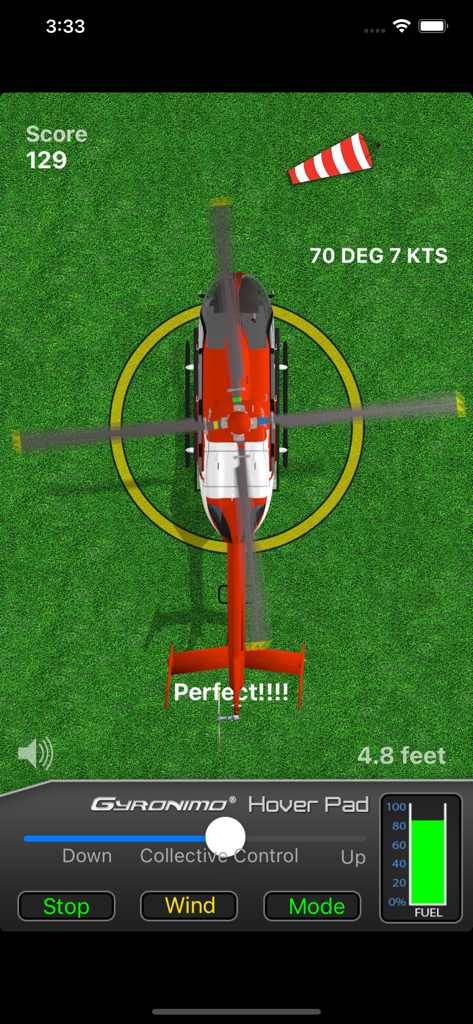 Hover Pad - Visão de cima de um helicóptero vermelho pairando perfeitamente sobre um heliponto amarelo no aplicativo de simulação Hover Pad.