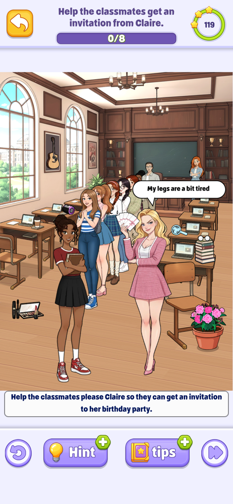 Tricky Story 2: Brain Twist - A classroom scene in Tricky Story 2 where students wait in line for invitations from Claire