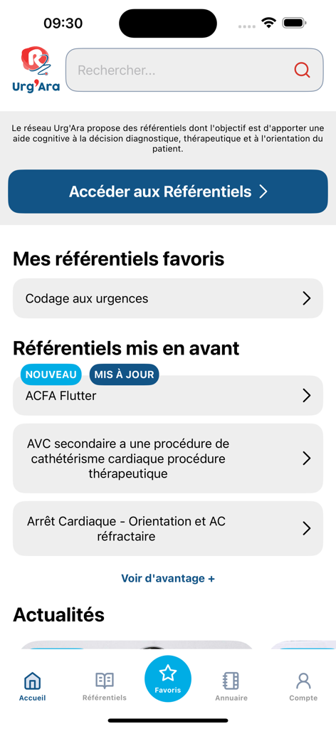Urg-Ara - Home screen of the Urg-Ara medical app showing emergency protocols and clinical decision support tools
