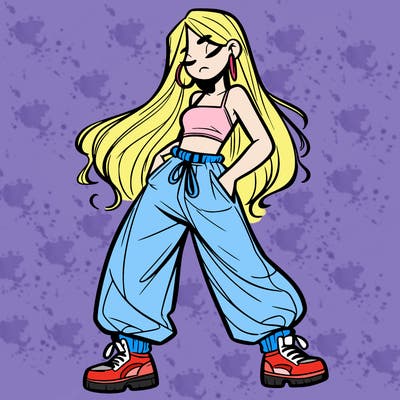 girl in baggy pants crop top and long hair