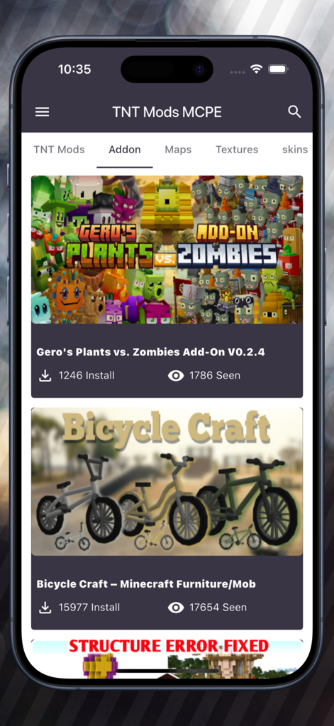 TNT Boom Mods for Minecraft PE - La pantalla de selección de addons dentro de la app Mods TNT para Minecraft PE con los mods Plants vs Zombies y Bicicleta