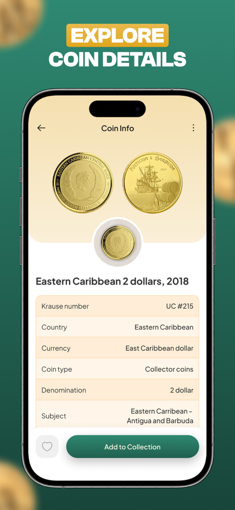 CoinID AI Coin Identifier - A mobile app interface displaying detailed numismatic information for an Eastern Caribbean 2 dollar coin including origin and currency