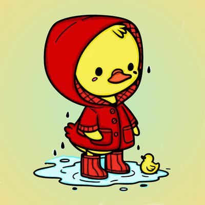 baby duck in a rain coat and boots, in a puddle while it’s raining