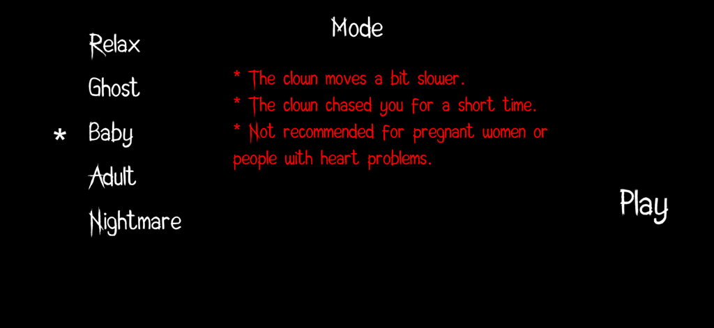 Game mode selection menu showing difficulty levels from Relax to Nightmare with descriptive rules and warnings