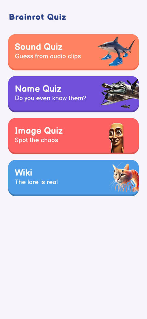 Italian Brainrot Quiz: Sounds - Menu principal de l'application Italian Brainrot Quiz montrant les boutons Quiz Sonore, Quiz Nom, Quiz Image et Wiki avec des personnages mèmes surréalistes.