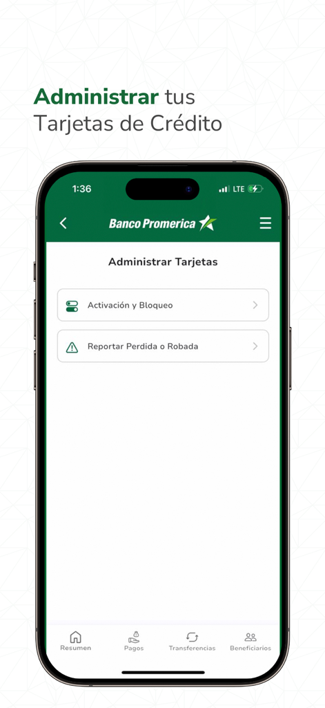 Promerica Movil RD mobile app screen for managing credit cards with options to activate or report a stolen card