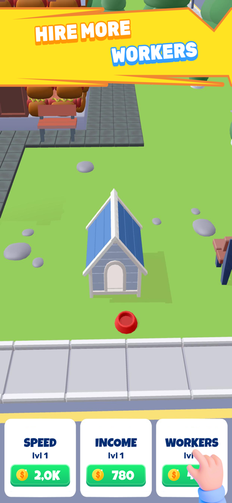 DIY Building 3D: Craft Block - A 3D simulation game screen showing a small blue dog house and options to hire more workers.