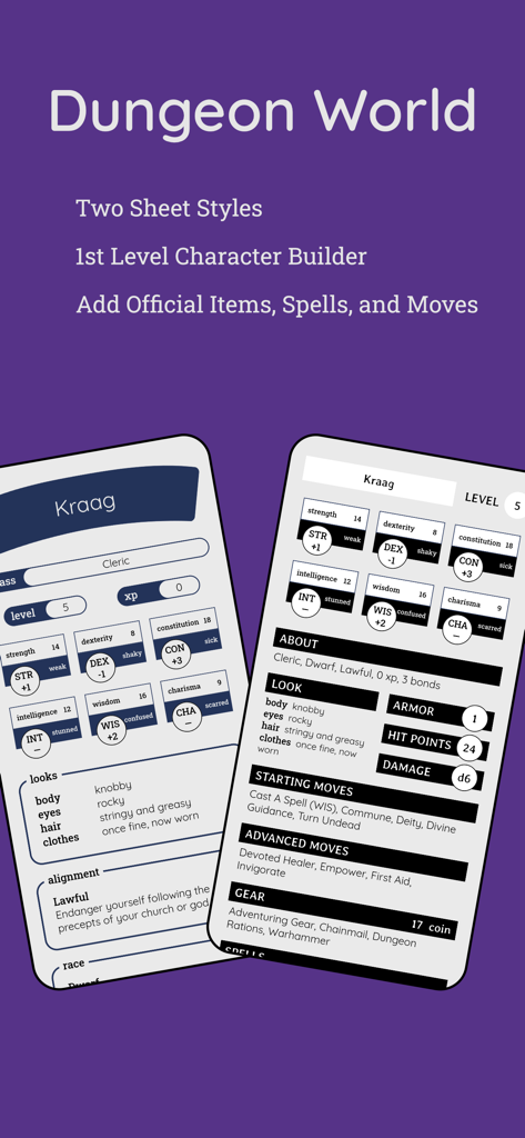 Protagonist - Screenshot of two different styles of Dungeon World character sheets in the Protagonist app showing stats for a level 5 Cleric