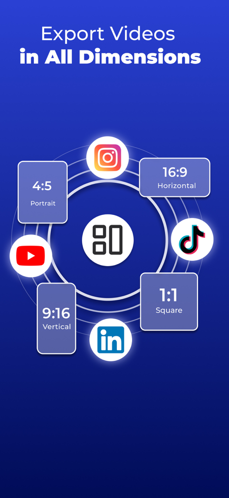 Teleprompter - VILO - Infografik, die die Video-Exportoptionen des VILO Teleprompters für TikTok, Instagram, YouTube und LinkedIn mit verschiedenen Seitenverhältnissen zeigt